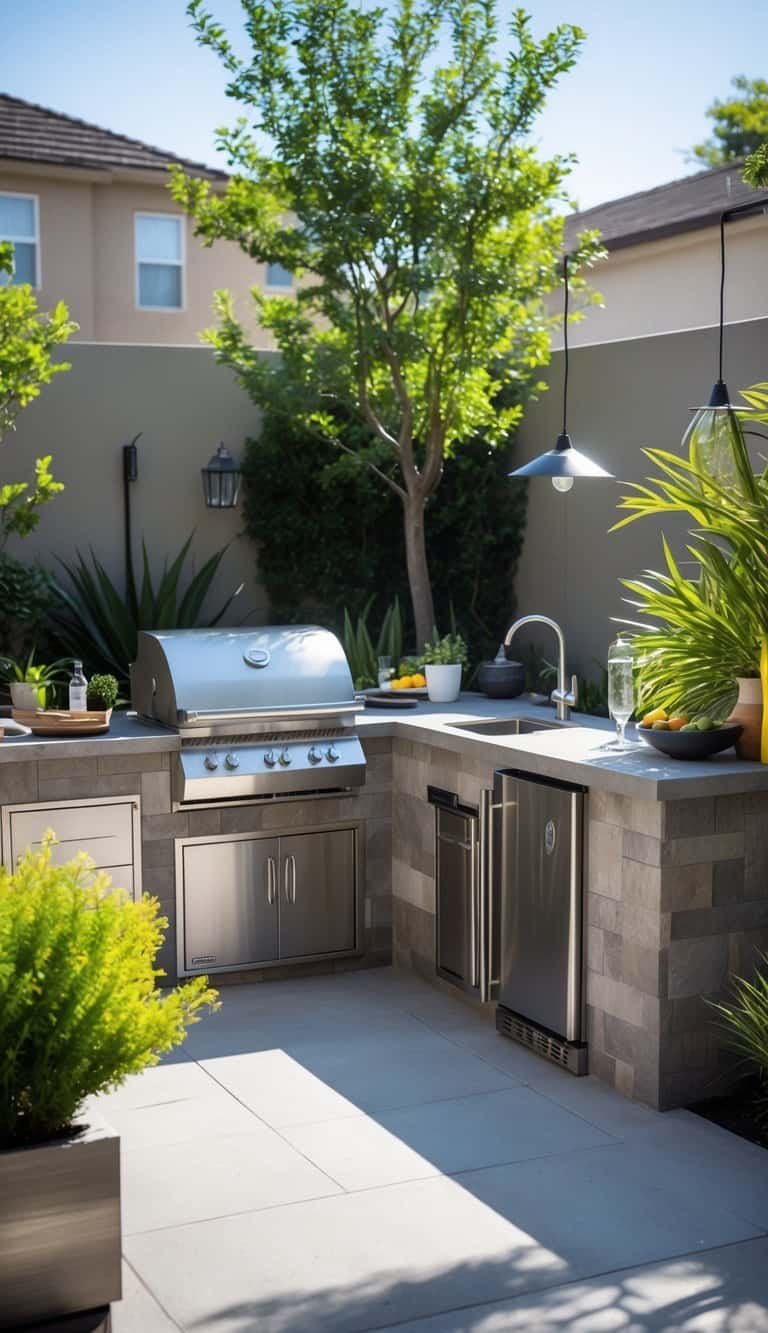 small outdoor kitchen ideas-An outdoor corner kitchen with a stone countertop, grill, sink, and bar stools surrounded by plants in a backyard.
