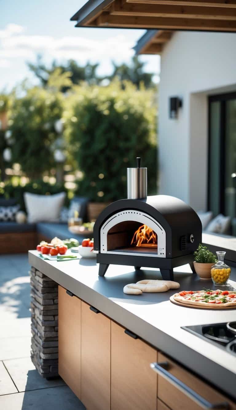small outdoor kitchen ideas-An outdoor kitchen with a mini pizza oven on a countertop surrounded by cooking tools and fresh ingredients, set in a bright garden area.