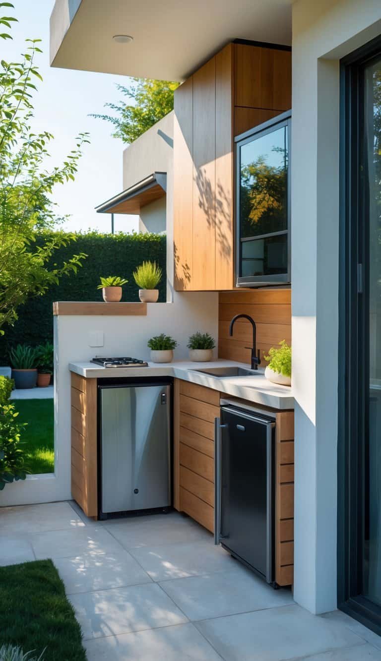 small outdoor kitchen ideas-A small outdoor kitchen with a hidden refrigerator integrated into wooden cabinets, surrounded by greenery and countertop appliances.