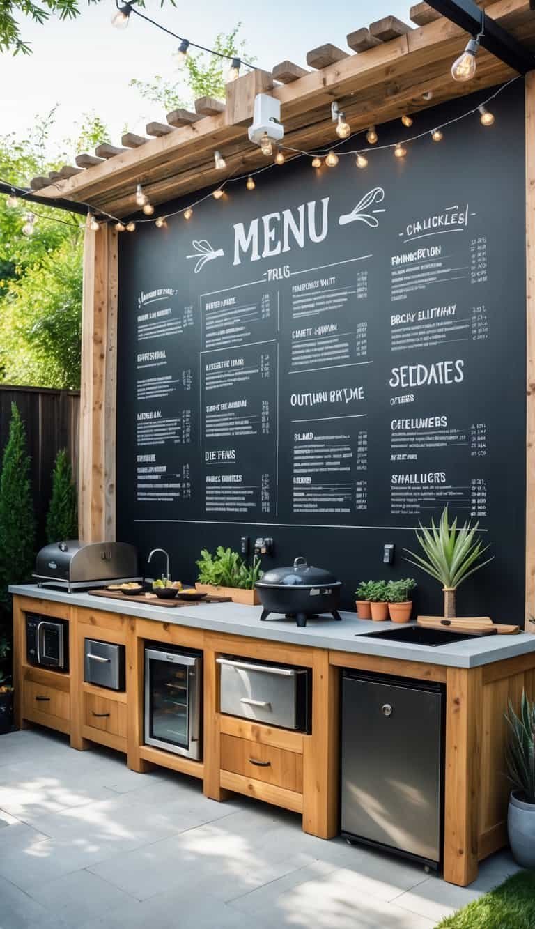 small outdoor kitchen ideas-An outdoor kitchen area with a large blank chalkboard wall and ten small outdoor kitchen setups arranged in a backyard surrounded by plants and string lights.