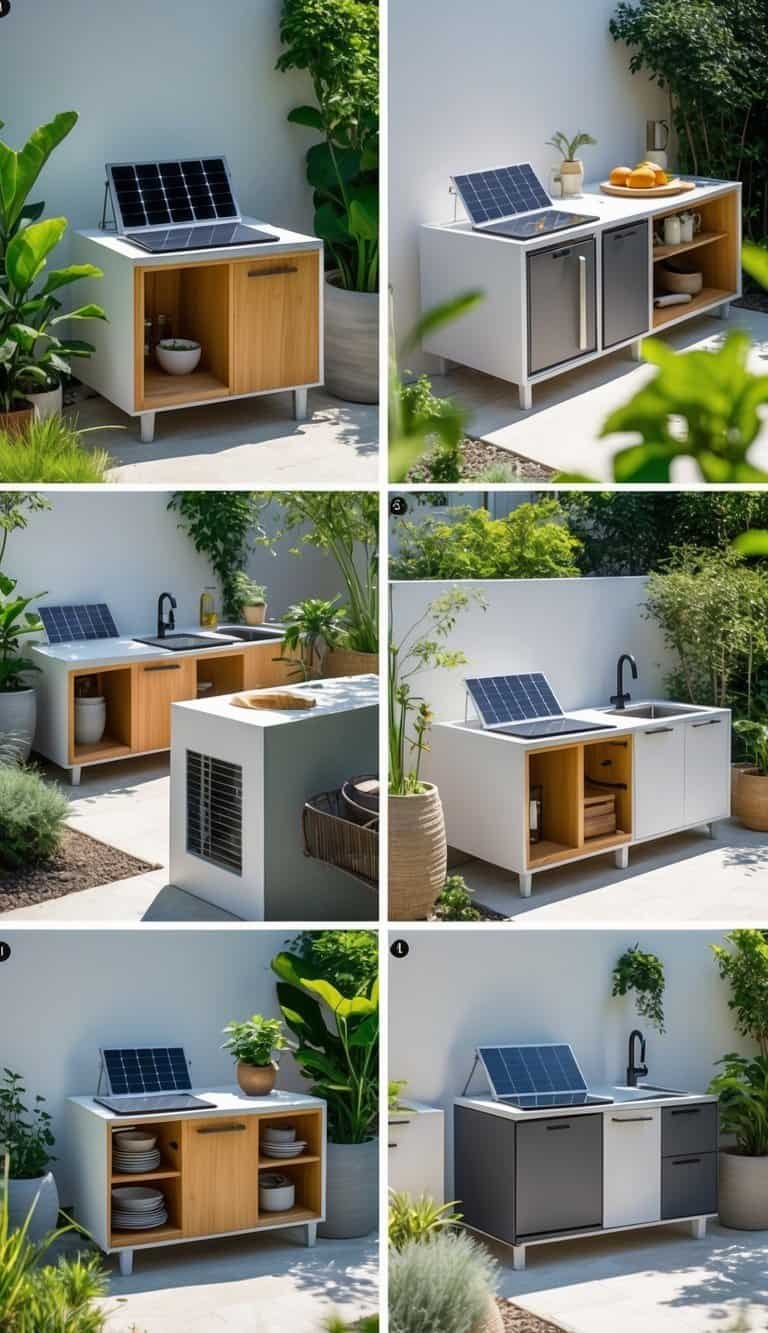 small outdoor kitchen ideas-Ten small outdoor kitchen setups with solar-powered mini sinks arranged in a garden patio area surrounded by plants.