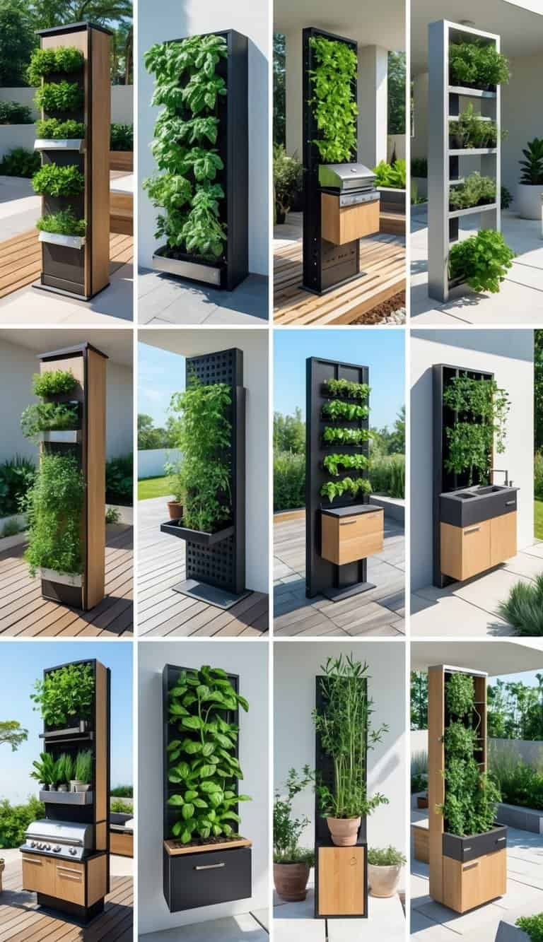 small outdoor kitchen ideas-Ten small outdoor kitchens featuring vertical herb gardens with various green herbs growing in planters.