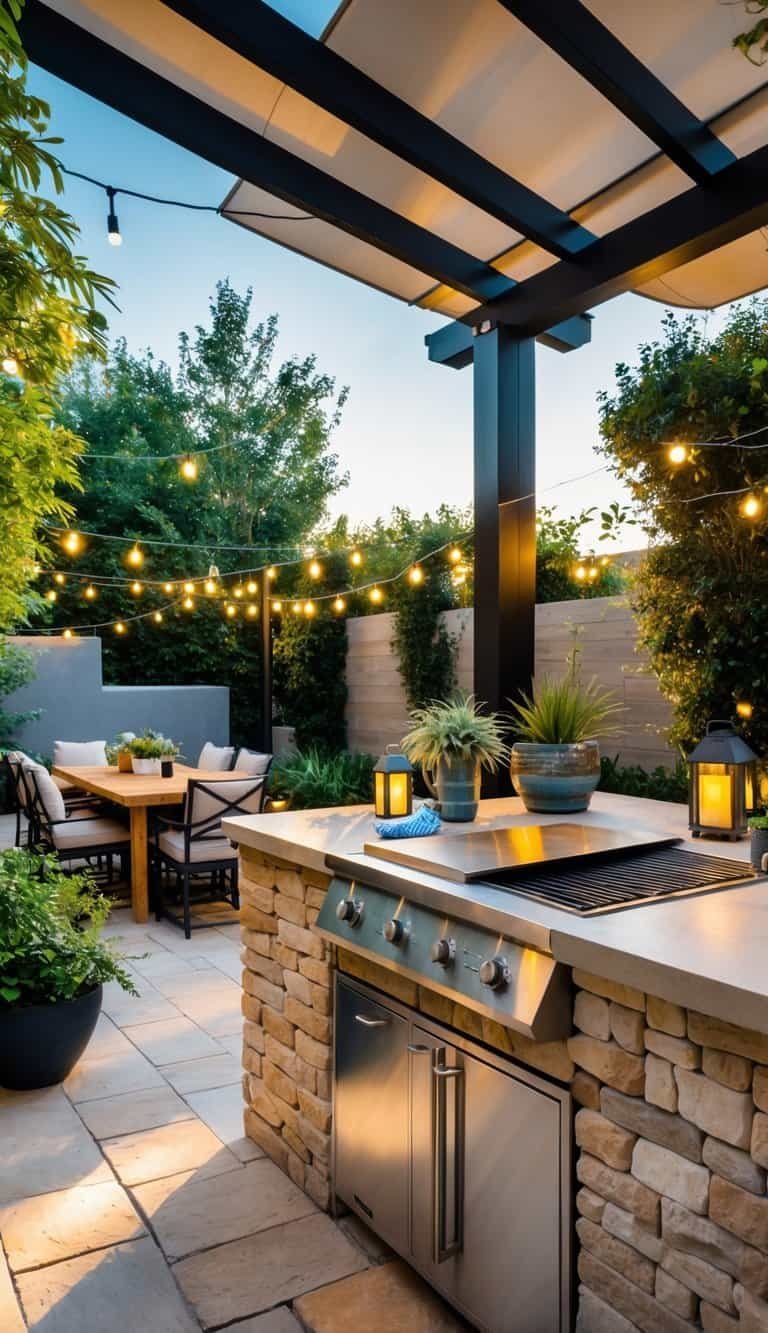 Outdoor Kitchen Patio- An outdoor kitchen patio with a stone countertop, built-in grill, seating area, dining table, plants, and string lights under a pergola.