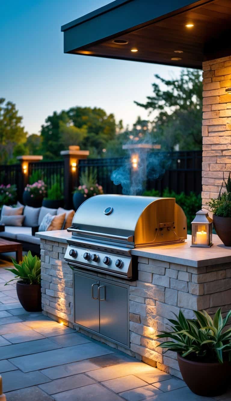 Outdoor Kitchen Patio- Outdoor kitchen patio with a built-in BBQ grill surrounded by stone countertops, plants, and outdoor seating.