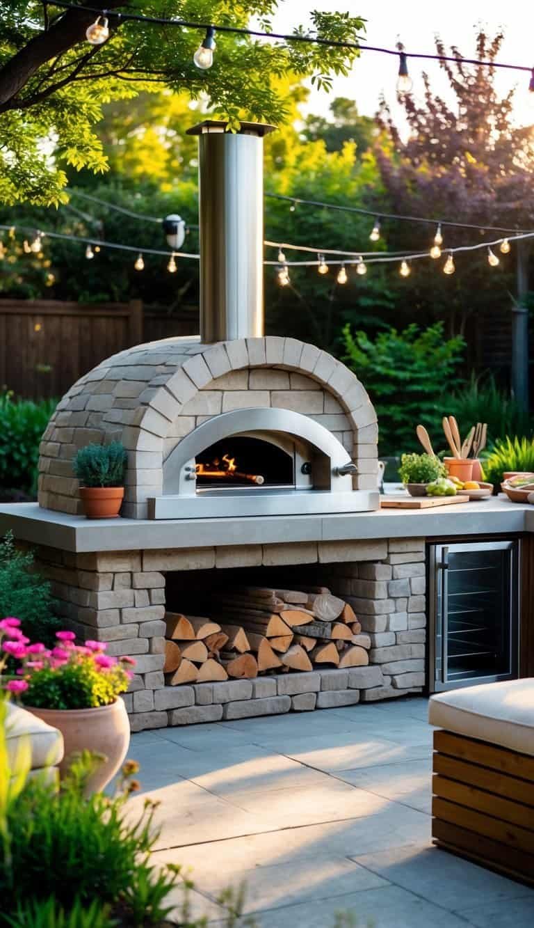 Outdoor Kitchen Patio- Outdoor patio with a stone pizza oven, seating area, and plants in a sunny garden setting.