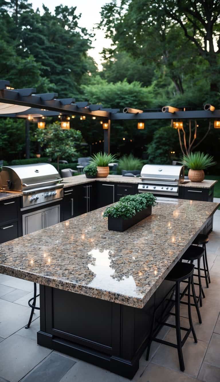 Outdoor Kitchen Patio- Outdoor kitchen patio with a large granite countertop island surrounded by seating and greenery.