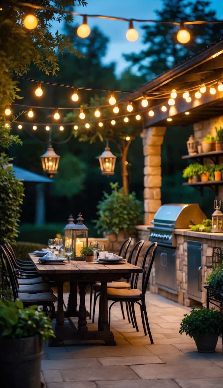 Outdoor Kitchen Patio- Outdoor kitchen patio with string lights, wooden dining table, plants, and cooking area.
