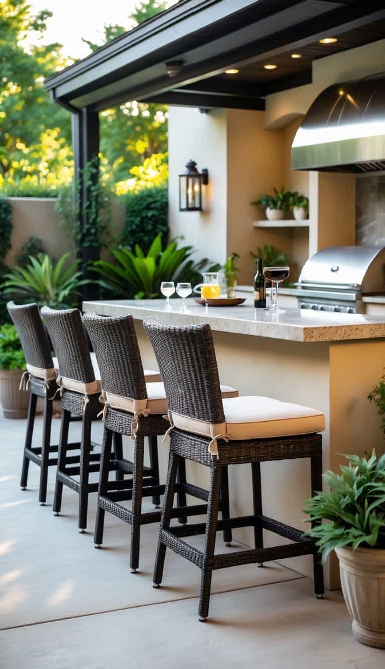 Outdoor Kitchen Patio- Outdoor patio with wicker bar stools around a kitchen island surrounded by plants.