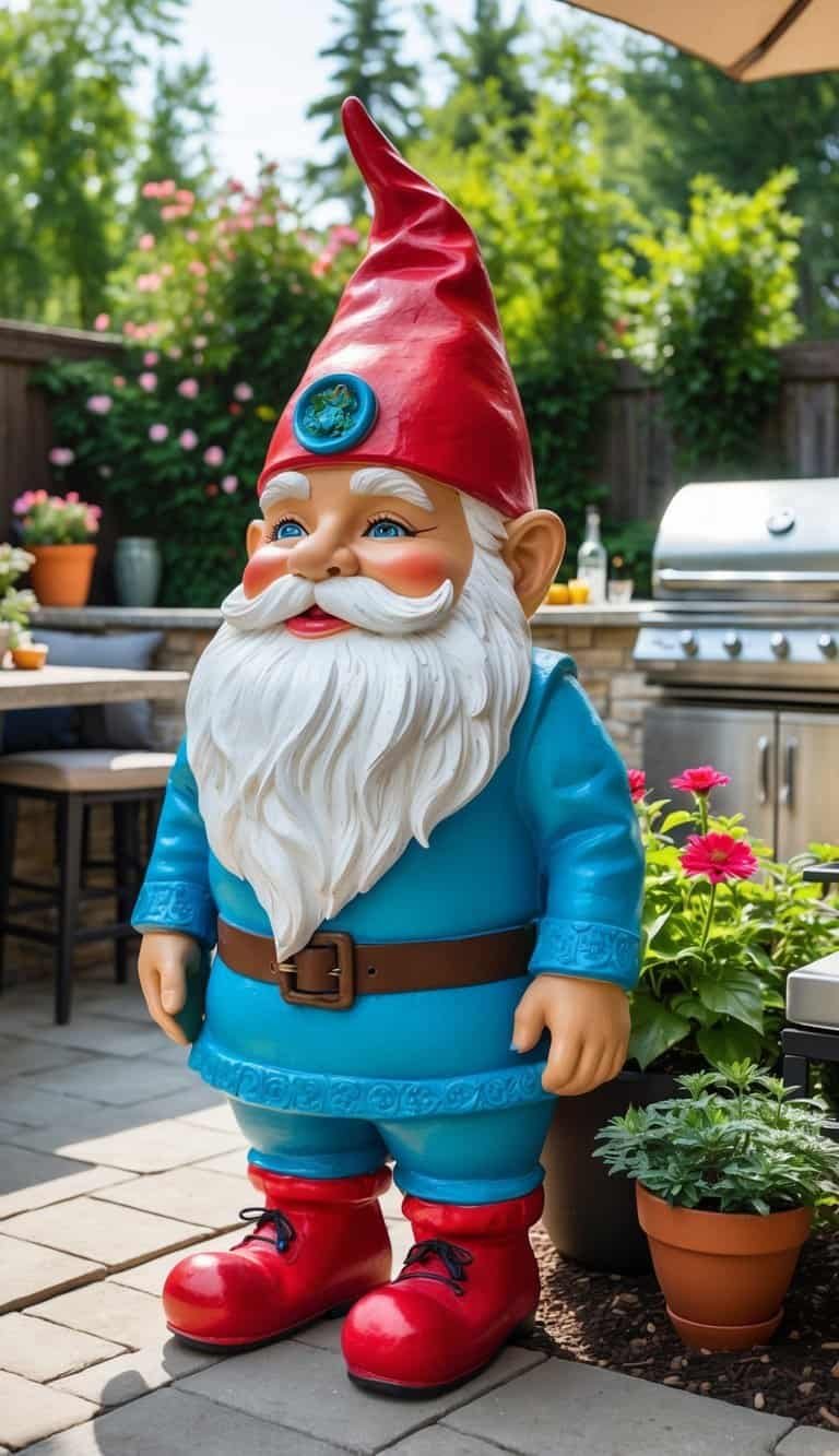 Outdoor Kitchen Patio- Outdoor kitchen patio with a mini fridge disguised as a colorful garden gnome surrounded by plants and patio furniture.