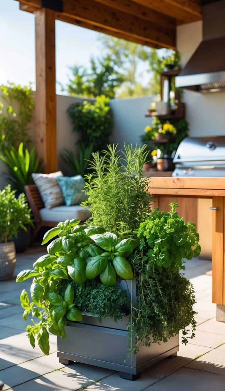 Outdoor Kitchen Patio- Outdoor kitchen patio with a herb garden planter filled with fresh green herbs near a grill and wooden countertops.