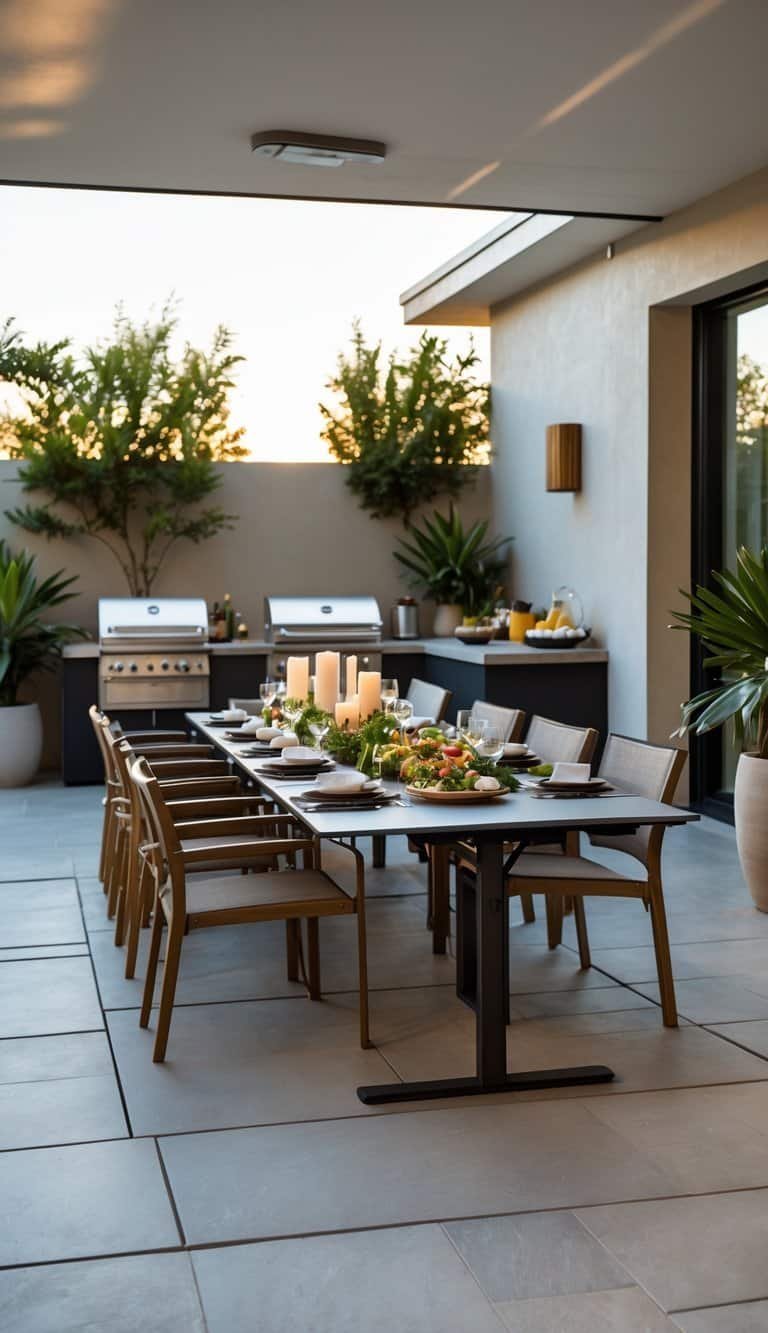 Outdoor Kitchen Patio- Outdoor patio with a fold-out dining table set for ten people, surrounded by outdoor kitchen and seating.