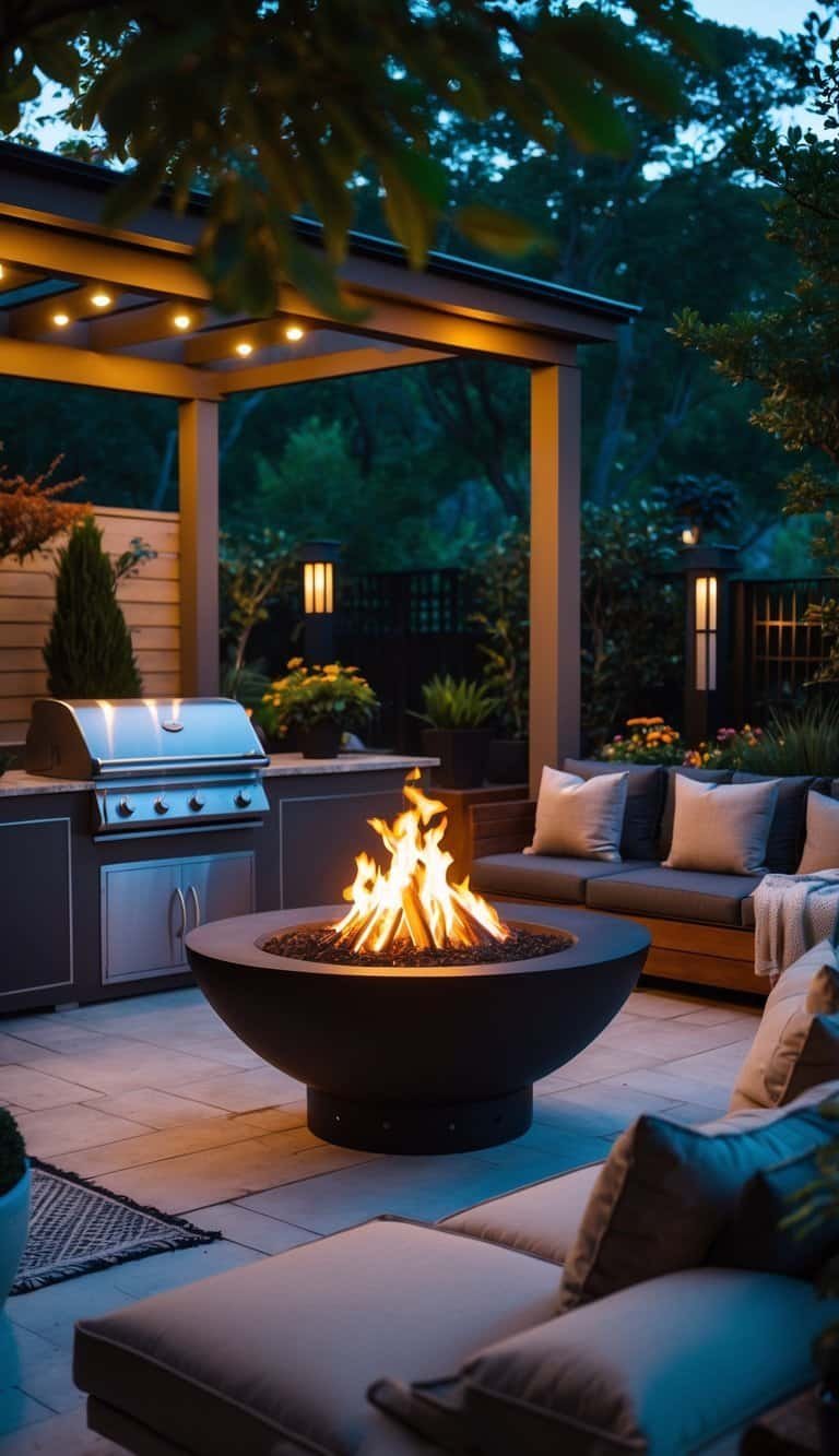 Outdoor Kitchen Patio- Outdoor patio with a fire pit surrounded by seating and an outdoor kitchen area in the background.