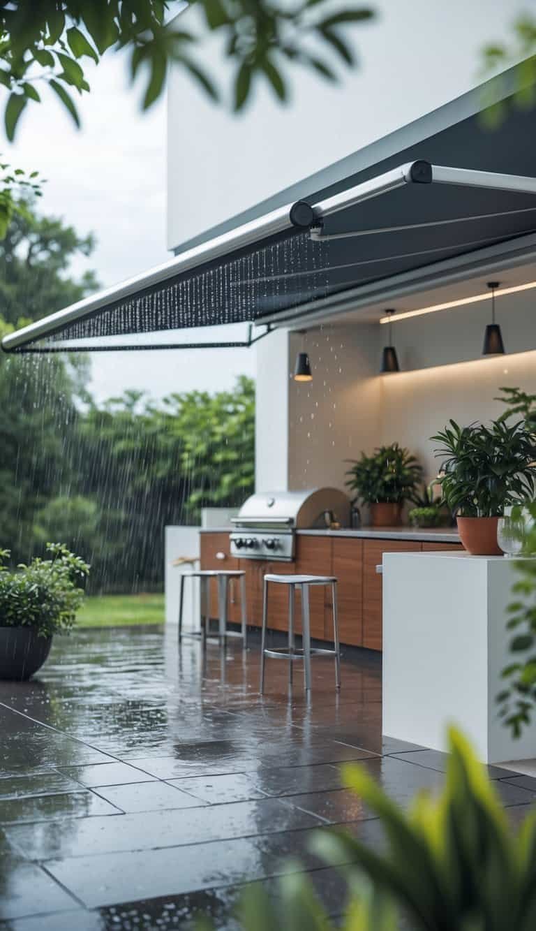 Outdoor Kitchen Patio- Outdoor kitchen patio with a retractable awning extended during a rain shower, featuring a grill, countertop, and plants.