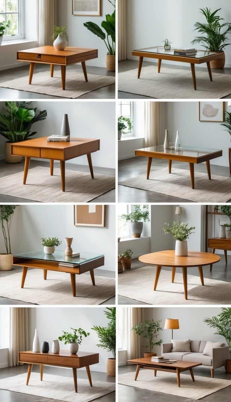 Mid Century Modern Coffee Table- A showroom displaying twelve different coffee tables arranged neatly with decorative items and natural lighting.