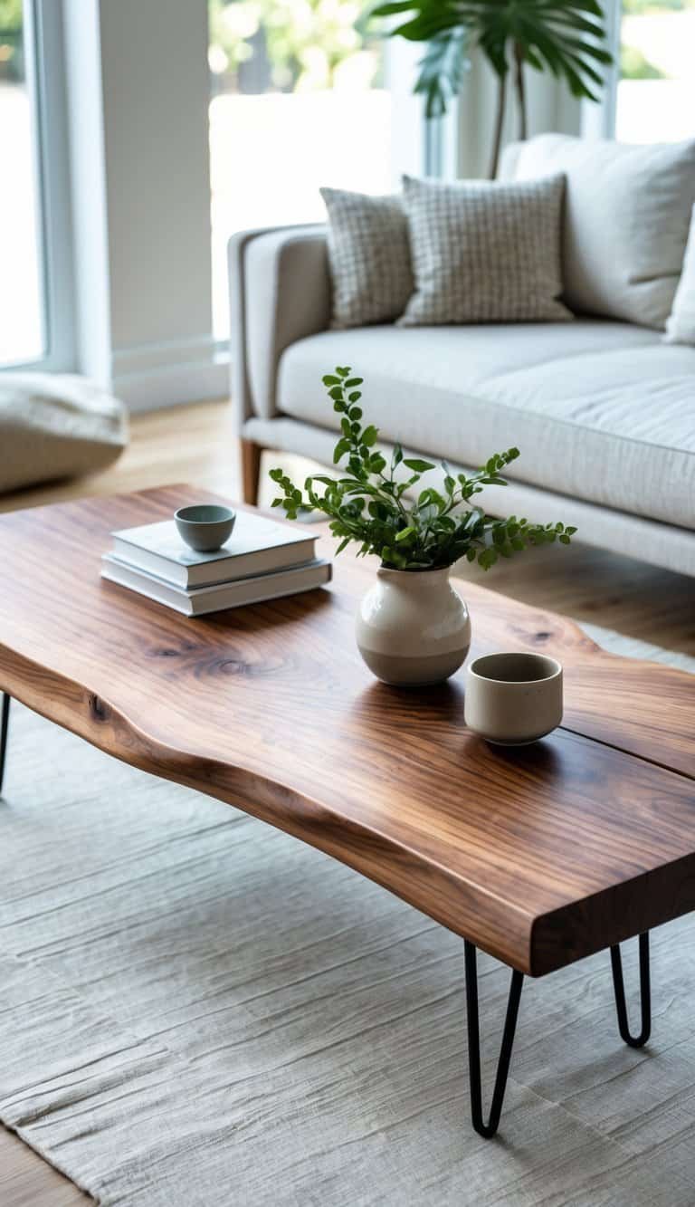 Mid Century Modern Coffee Table- A walnut coffee table with thin black legs in a bright living room with a sofa and decorative items on the table.