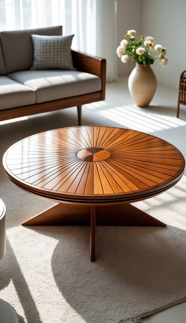 Mid Century Modern Coffee Table- A wooden coffee table with a sunburst pattern inlay in a bright living room with a sofa and decorative vase.