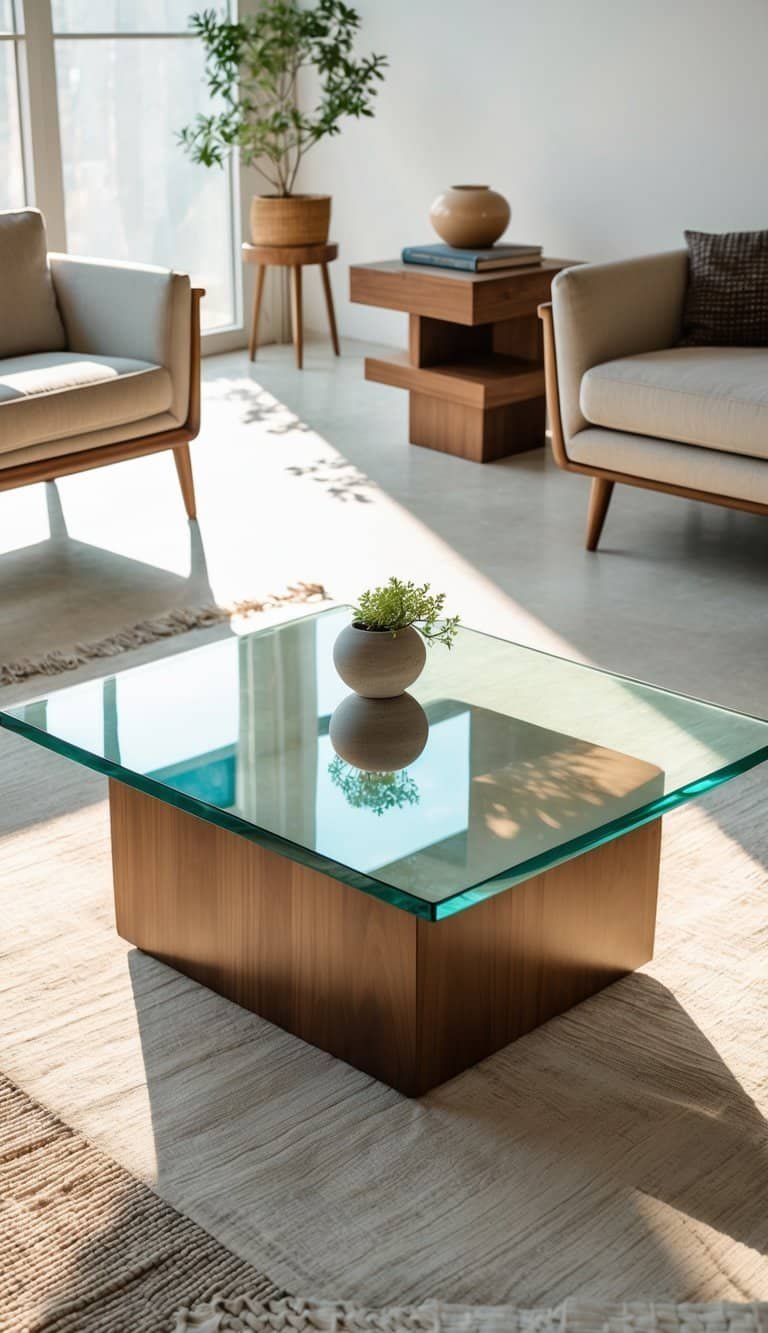 Mid Century Modern Coffee Table- A bright living room with a floating glass top coffee table surrounded by a sofa, armchair, and a rug, with natural light coming through large windows.