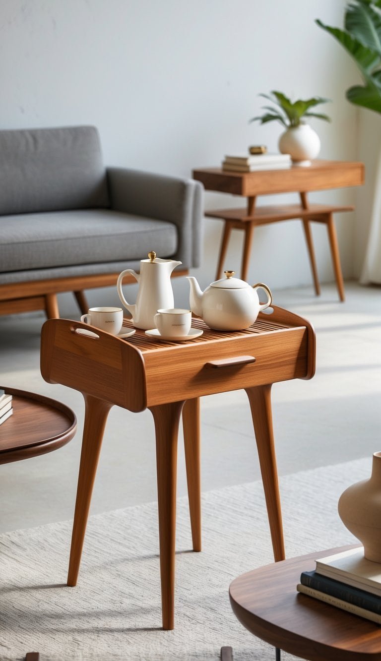 Mid Century Modern Coffee Table- A teak tea cart with a tea set on it next to a coffee table in a living room.