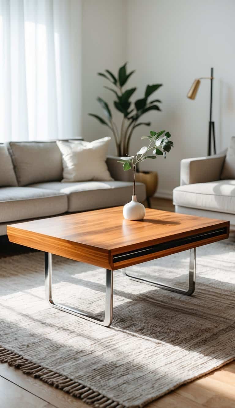 Mid Century Modern Coffee Table- A living room with a wooden coffee table in front of a couch, surrounded by a cozy and bright interior.