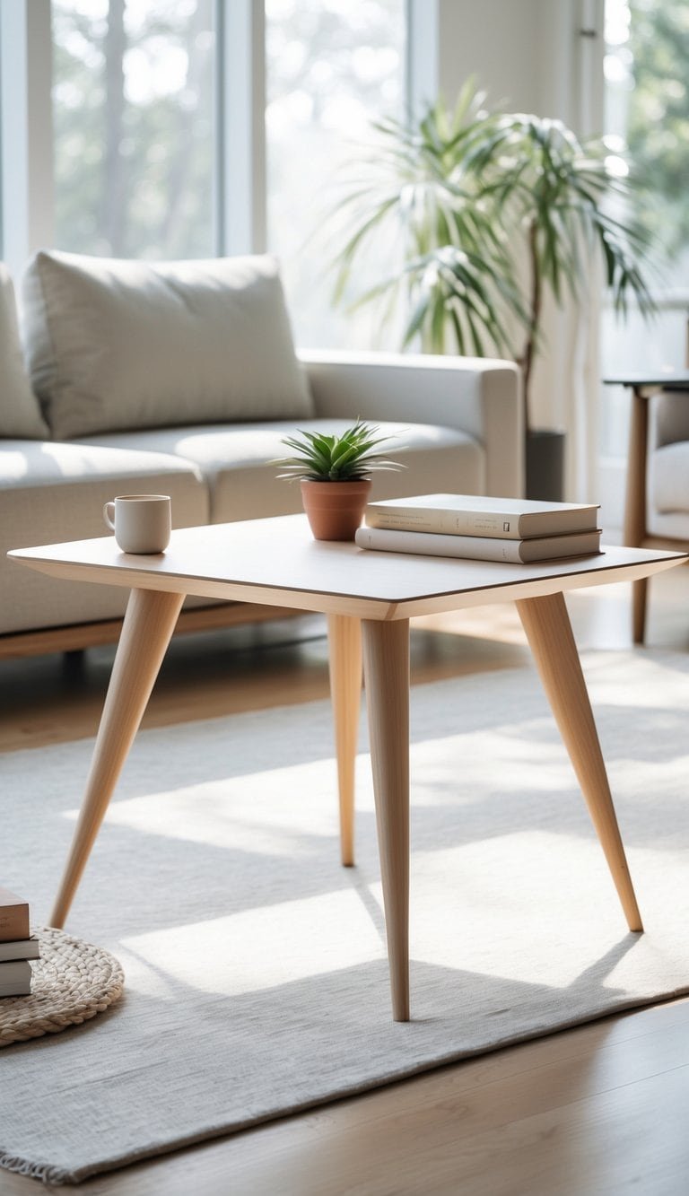 Mid Century Modern Coffee Table- A minimalist coffee table with slender tapered legs in a bright living room with natural light, a sofa, and decor items on and around the table.