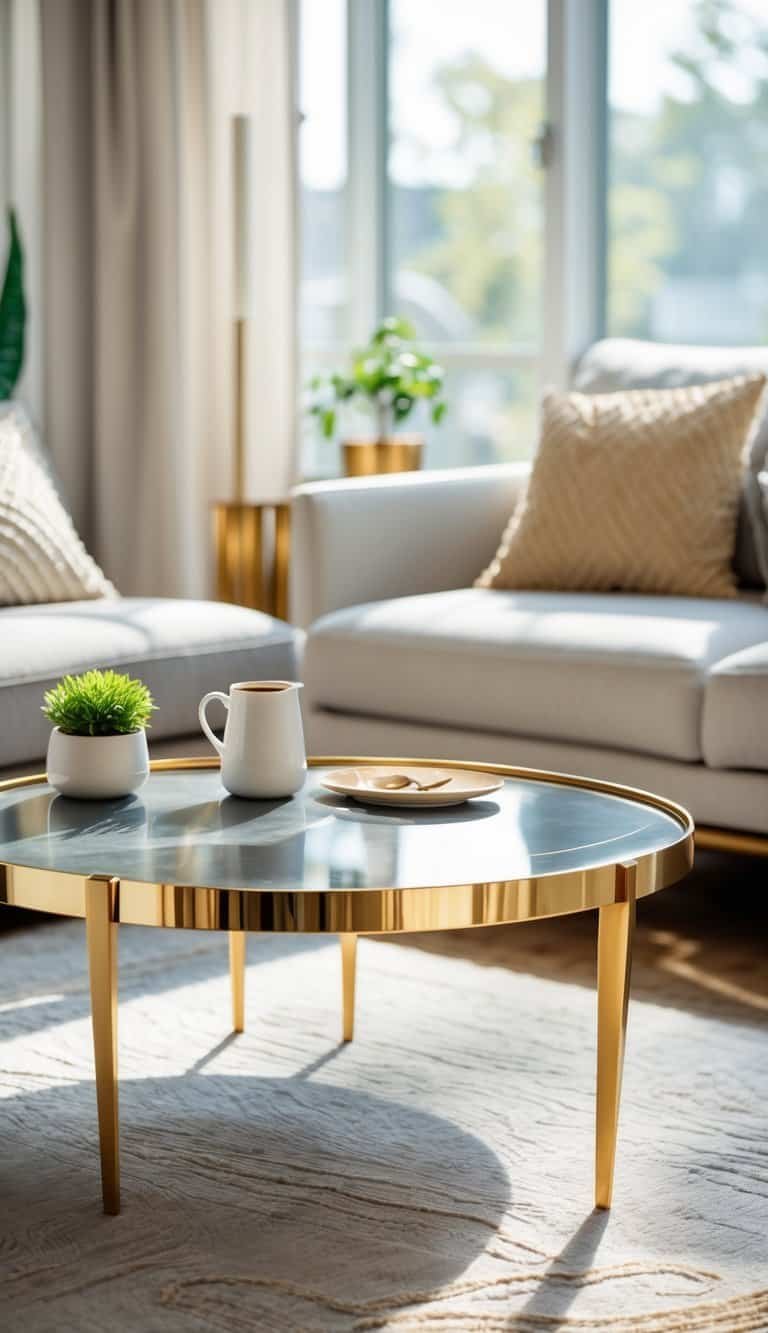 Mid Century Modern Coffee Table- A round coffee table with gold-tipped edges in a bright living room, featuring a coffee cup, plant, and sofa in the background.