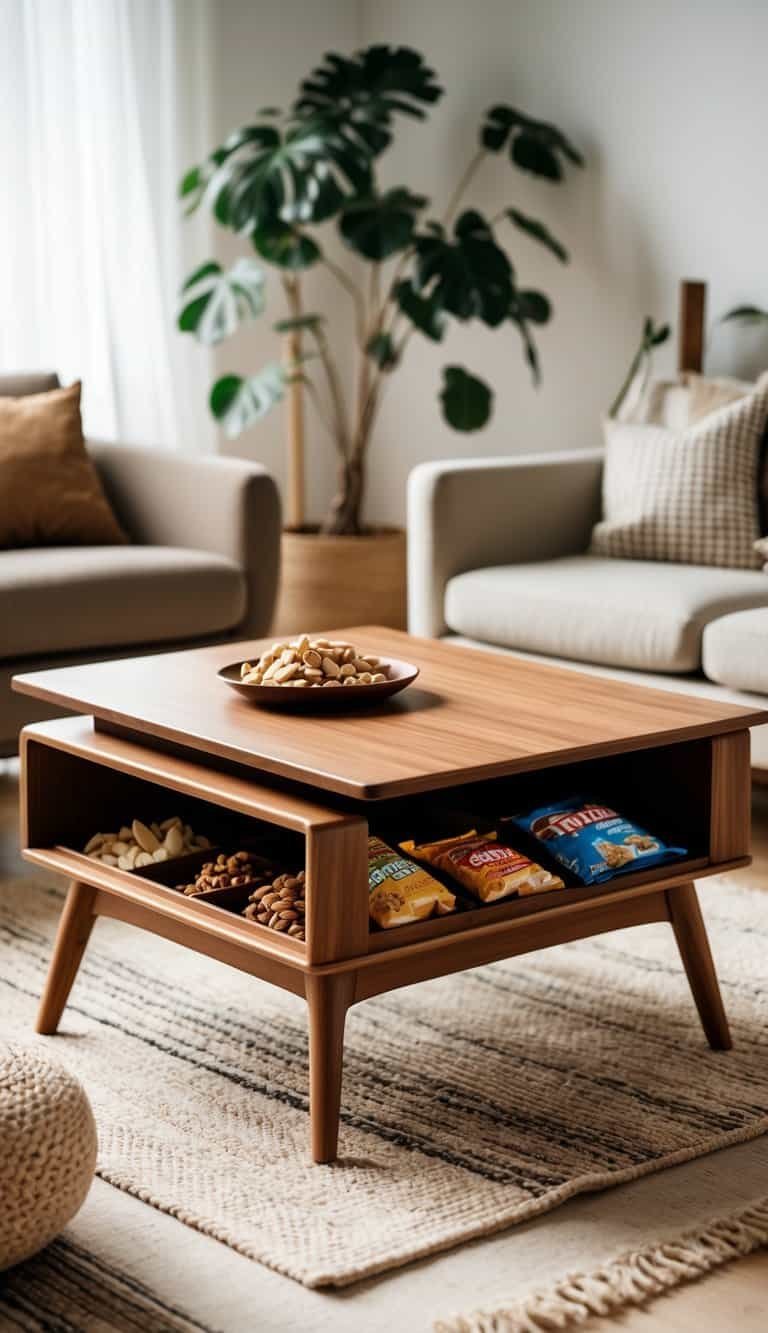 Mid Century Modern Coffee Table- A living room with a wooden coffee table featuring two storage tiers holding snacks, with a sofa and plant in the background.
