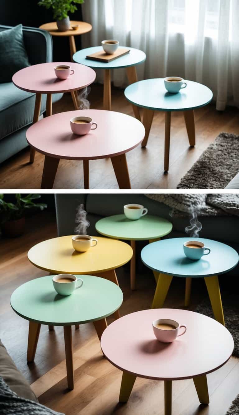 Mid Century Modern Coffee Table- A group of colorful coffee tables arranged in a cozy living room with a cup of espresso on one table.