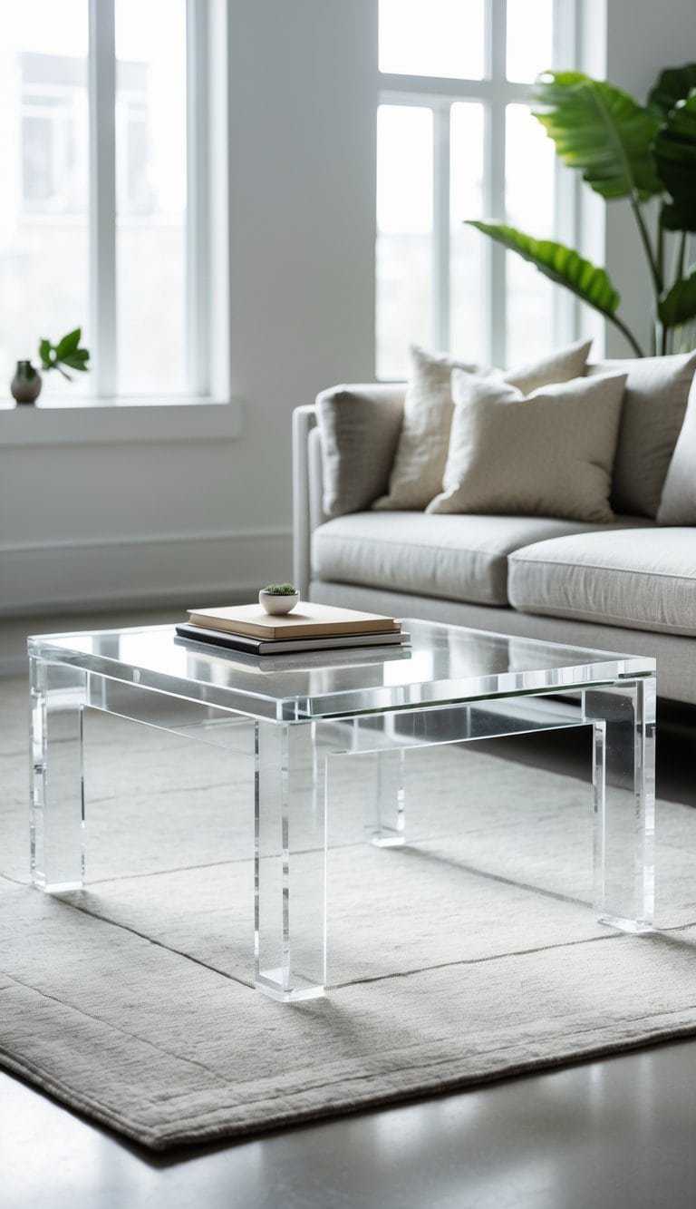 A living room with a clear acrylic square coffee table in front of a sofa, with natural light and minimal decorations.