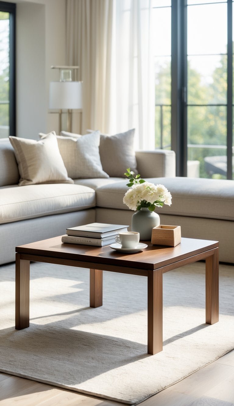 A square wooden coffee table in the center of a living room with a sofa, decorative items on the table, and natural light coming through windows.
