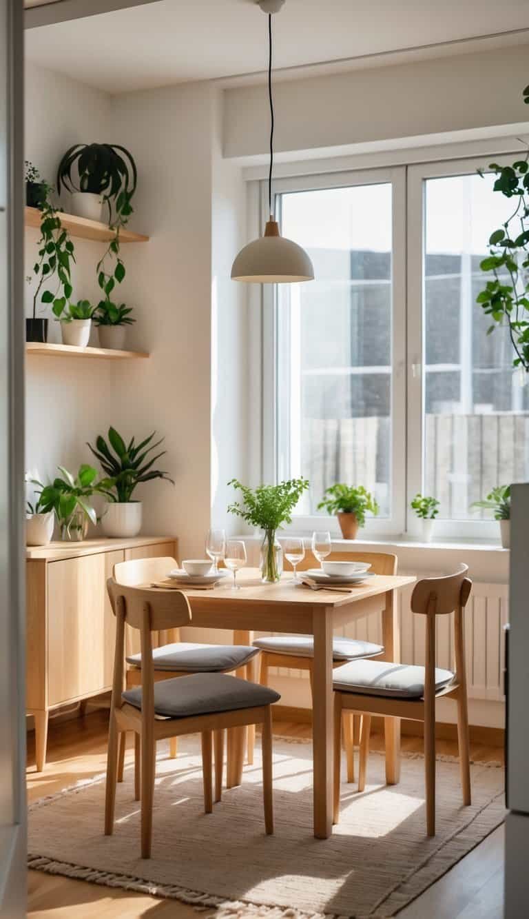 Small Dining Room Ideas- A small dining room with a wooden table set for four, surrounded by chairs, plants on shelves, and natural light coming through large windows.