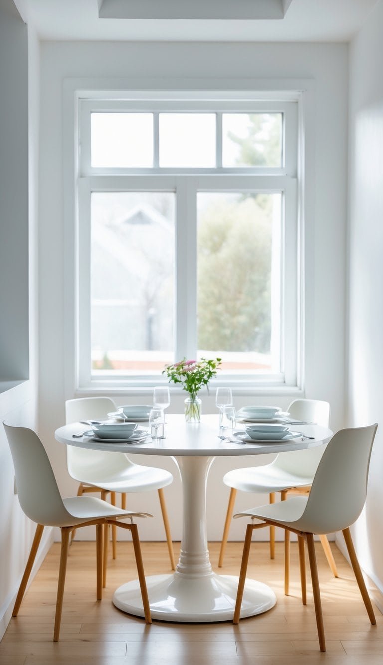 Small Dining Room Ideas- A small dining room with a round pedestal table and four chairs near a window with natural light.