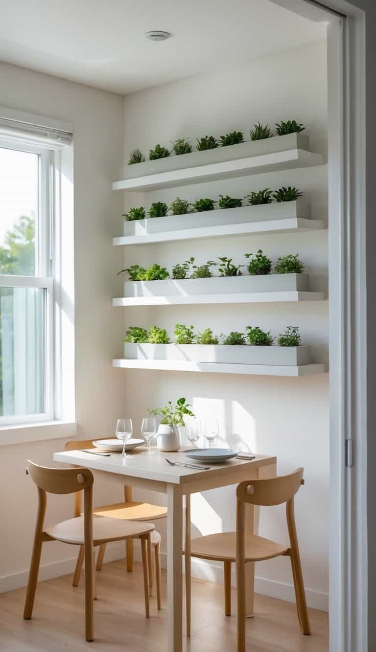 Small Dining Room Ideas- Small dining room with floating shelves holding tiny plants above a wooden dining table and chairs.