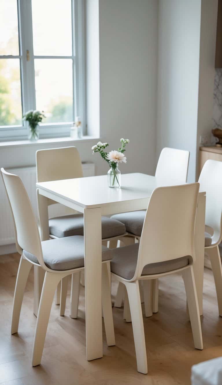 Small Dining Room Ideas- A small dining room with a compact table surrounded by modern stackable chairs and natural light coming through a window.