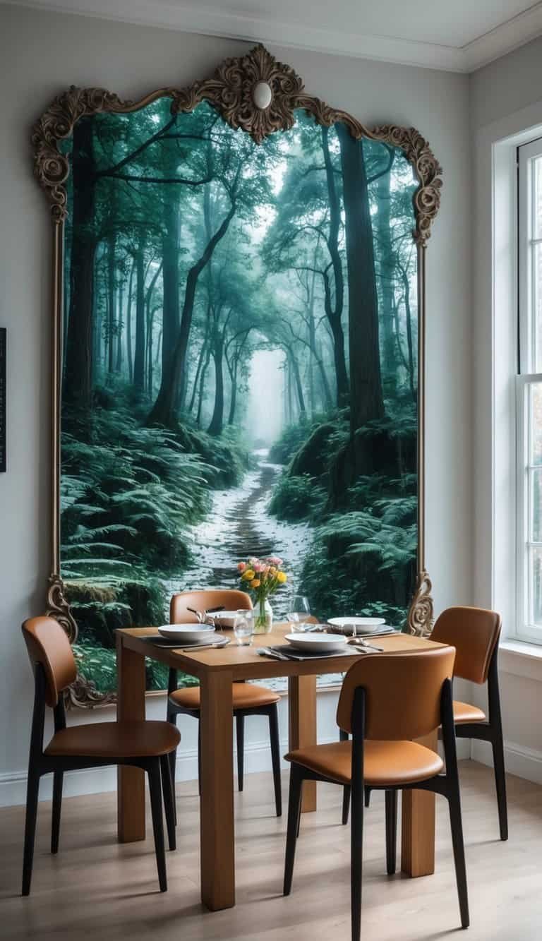 Small Dining Room Ideas- A small dining room with a large wall mirror reflecting a snowy forest scene, a wooden dining table set for four, and natural light coming through a window.