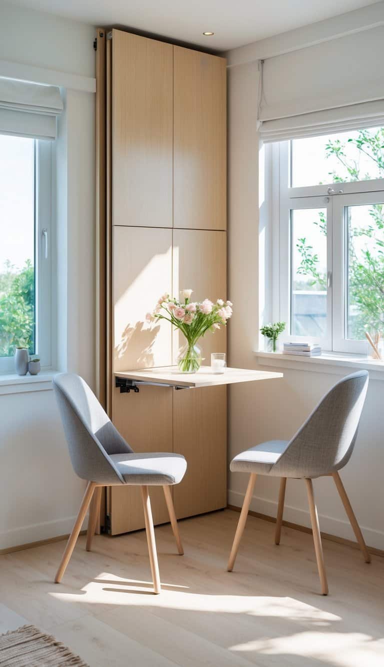 Small Dining Room Ideas- A small dining area with a fold-down wall table set up for a meal, two chairs, and natural light coming through a window.