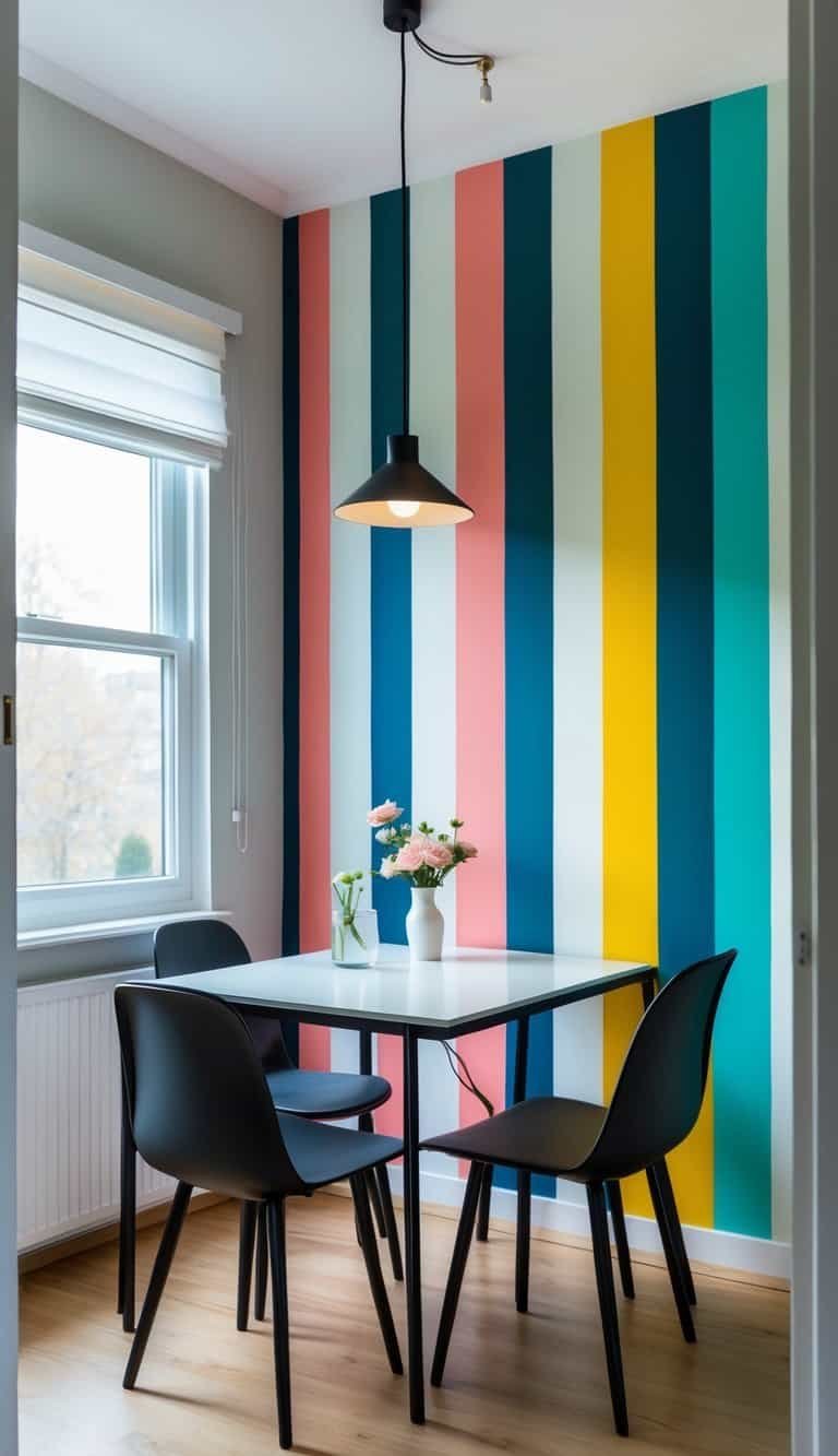 Small Dining Room Ideas- Small dining room with a bold striped wall, a compact dining table, four chairs, and natural light coming through a window.