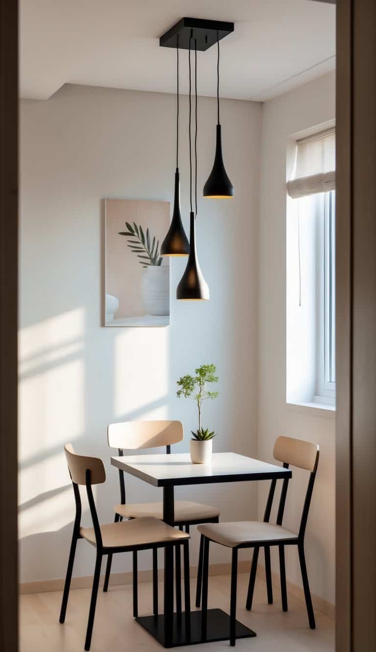 Small Dining Room Ideas- A small dining room with a table, four chairs, and pendant lights hanging above.