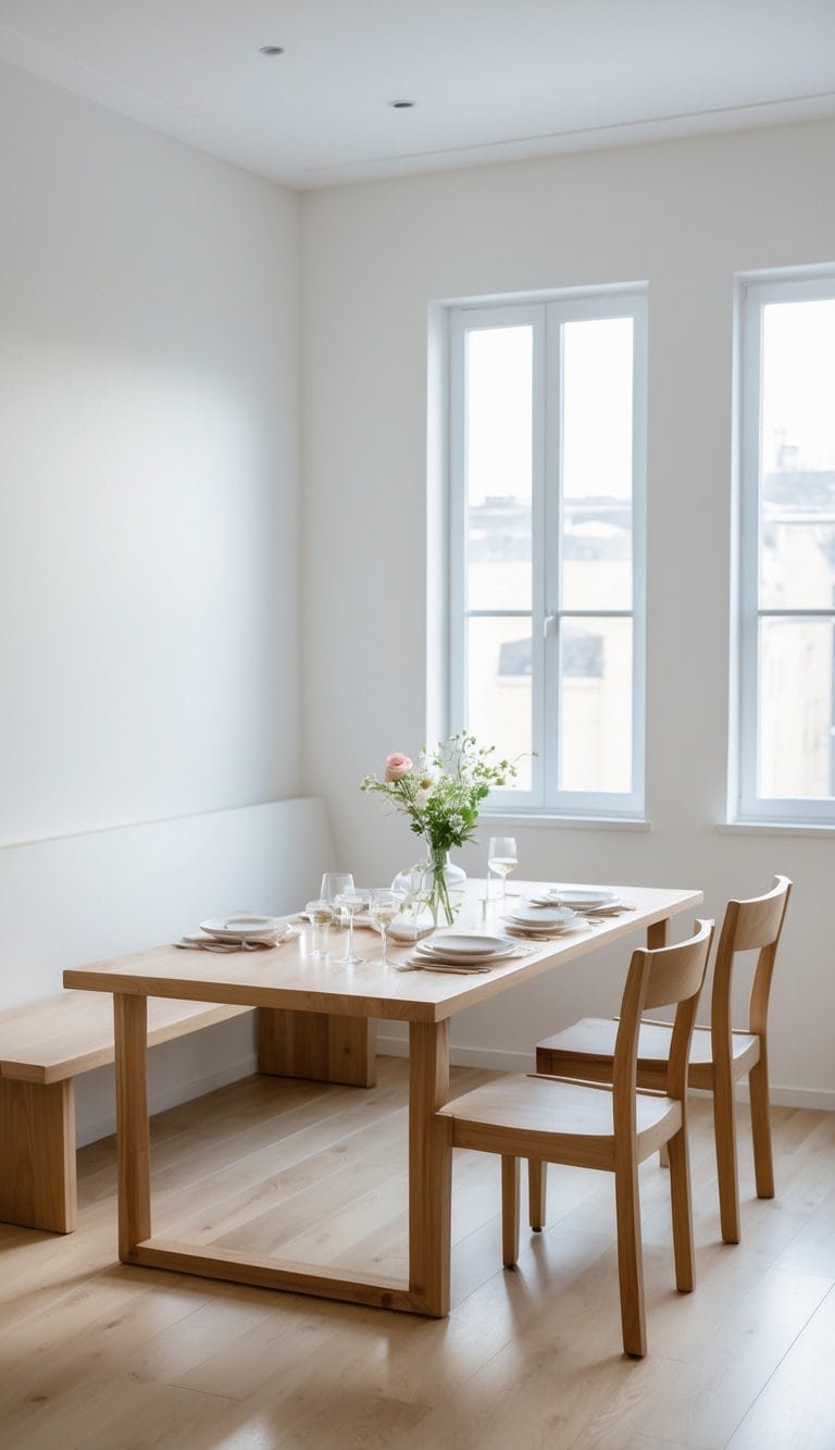 Small Dining Room Ideas- A small dining room with a wooden table and a bench on one side, chairs on the other, set for a meal with natural light coming through windows.