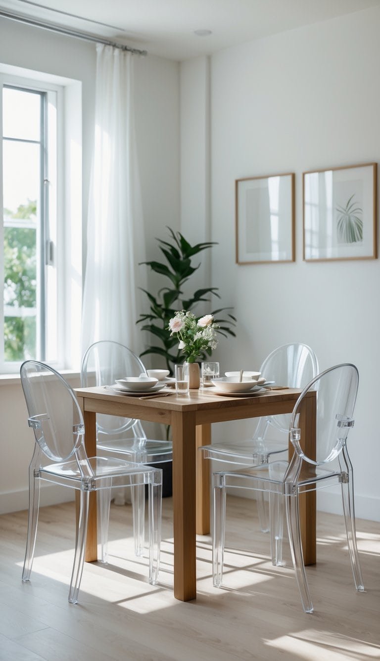 Small Dining Room Ideas- A small dining room with a wooden table surrounded by clear acrylic chairs, bright natural light, and simple decor.