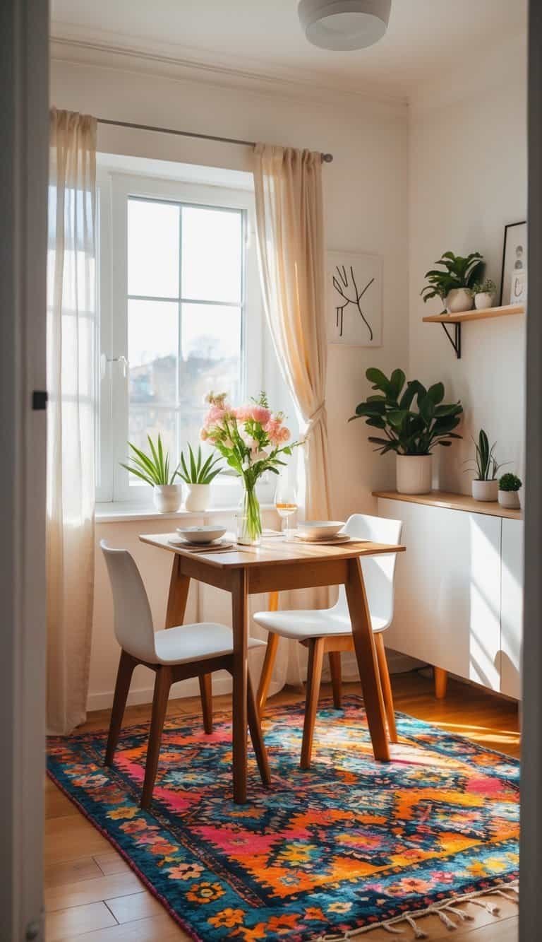 Small Dining Room Ideas- Small dining room with a colorful rug under a wooden table set for four, decorated with plants and natural light.