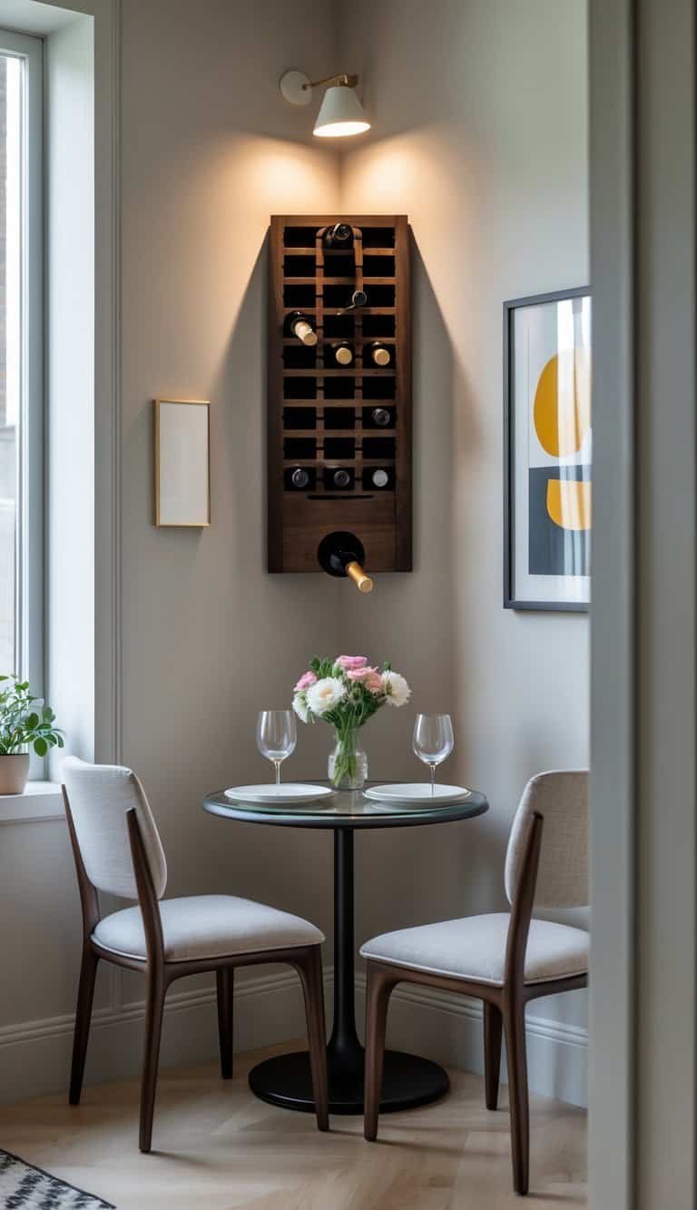 Small Dining Room Ideas- A small dining room corner with a wall-mounted wine rack holding wine bottles, a round table with two chairs, and a vase with flowers.