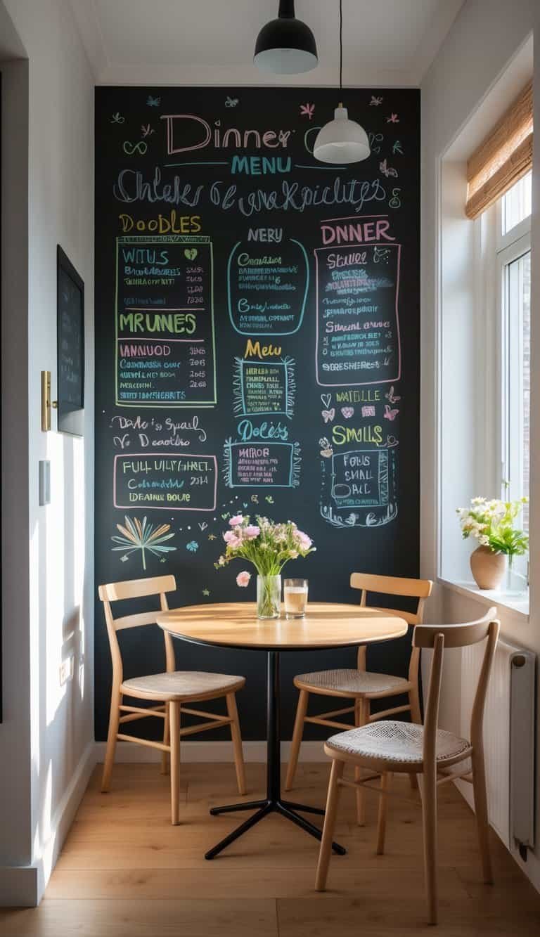 Small Dining Room Ideas- Small dining room with a chalkboard wall covered in drawings and menu items, a wooden table with chairs, and natural light coming through a window.