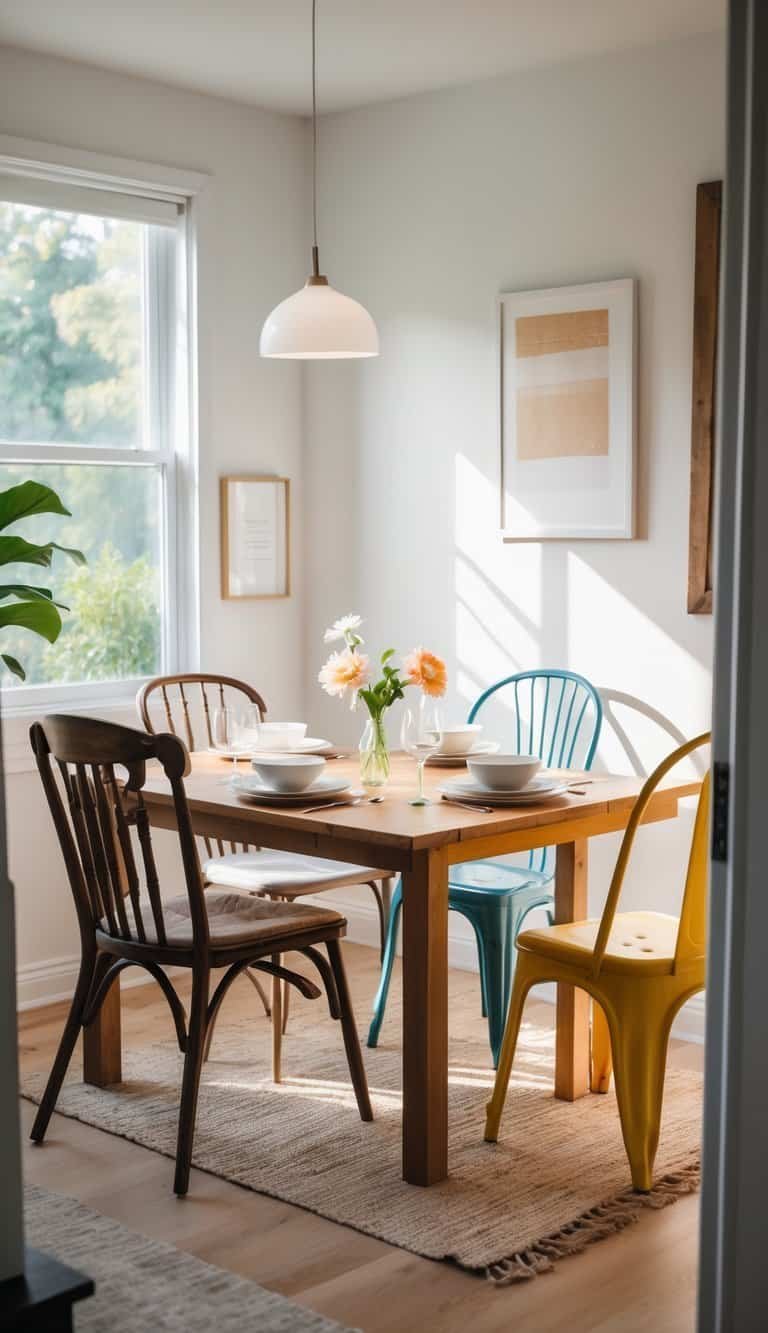 Small Dining Room Ideas- Small dining room with a wooden table surrounded by mismatched chairs in different styles and colors, lit by natural light from a window.
