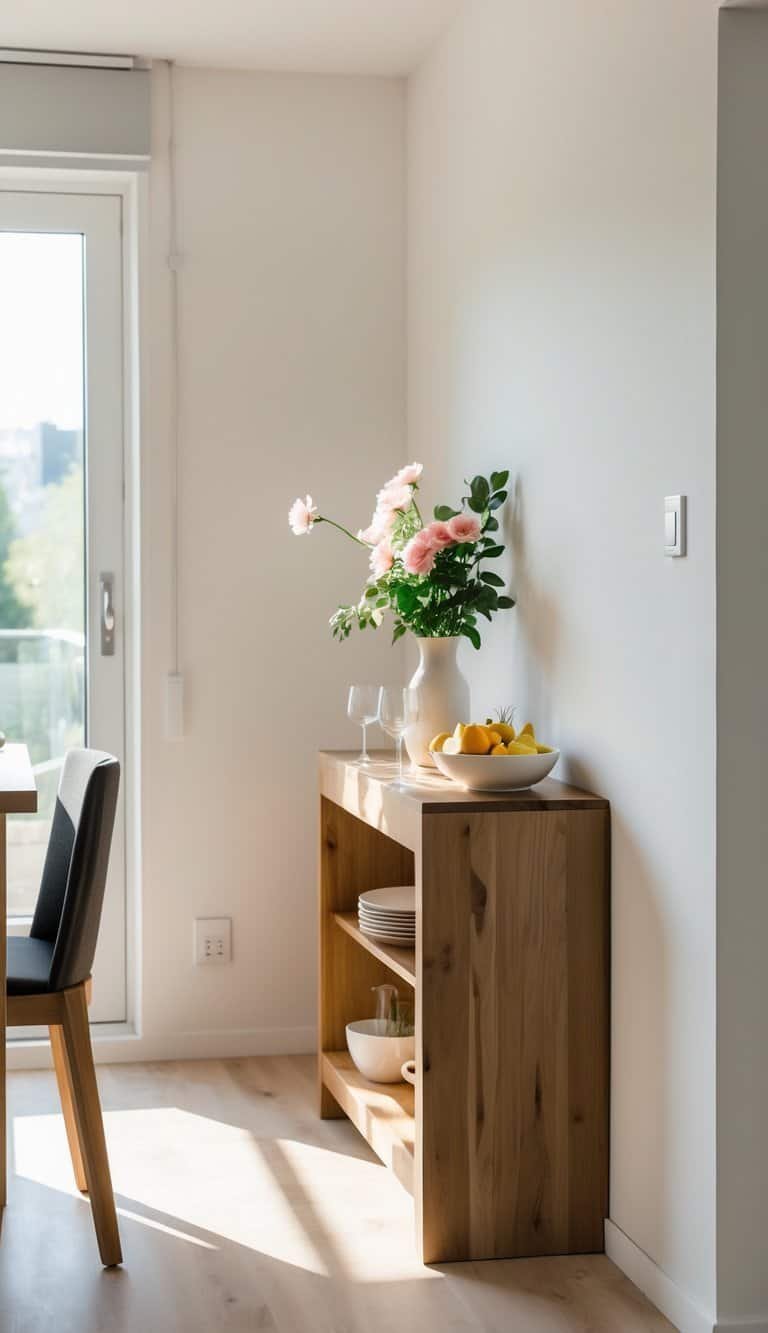 Small Dining Room Ideas- Small dining room with a narrow wooden buffet table against the wall, decorated with flowers, fruit, and tableware, next to a small dining table and chairs.