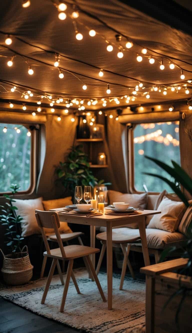 Small Dining Room Ideas- Small dining room with fairy lights draped indoors, a wooden table set for a meal, and cozy chairs surrounded by plants.