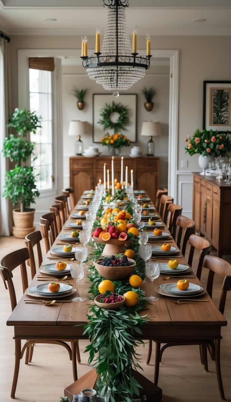 Dining Room Table Centerpiece Ideas - A dining room table with twelve different centerpiece arrangements including flowers, candles, fruits, and plants, set in a bright room with tableware and decor.