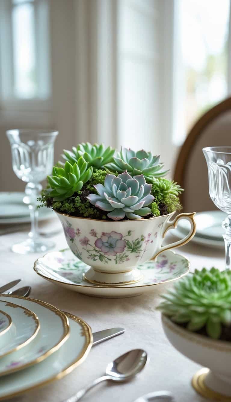 Dining Room Table Centerpiece Ideas - A vintage teacup filled with blooming succulents placed on a dining room table set for a meal.