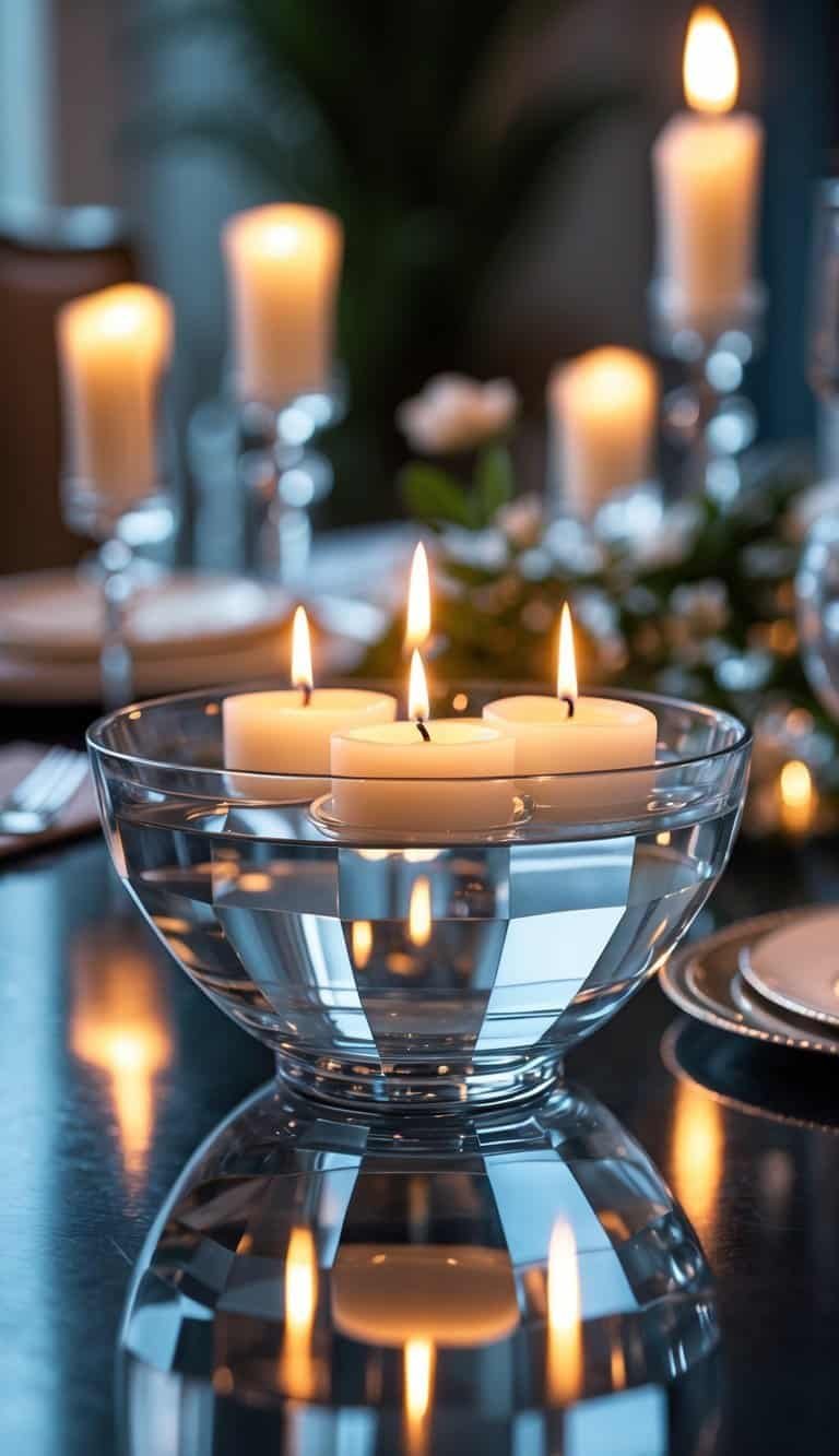 Dining Room Table Centerpiece Ideas - A crystal bowl filled with water holding several lit floating candles as a centerpiece on a dining table.