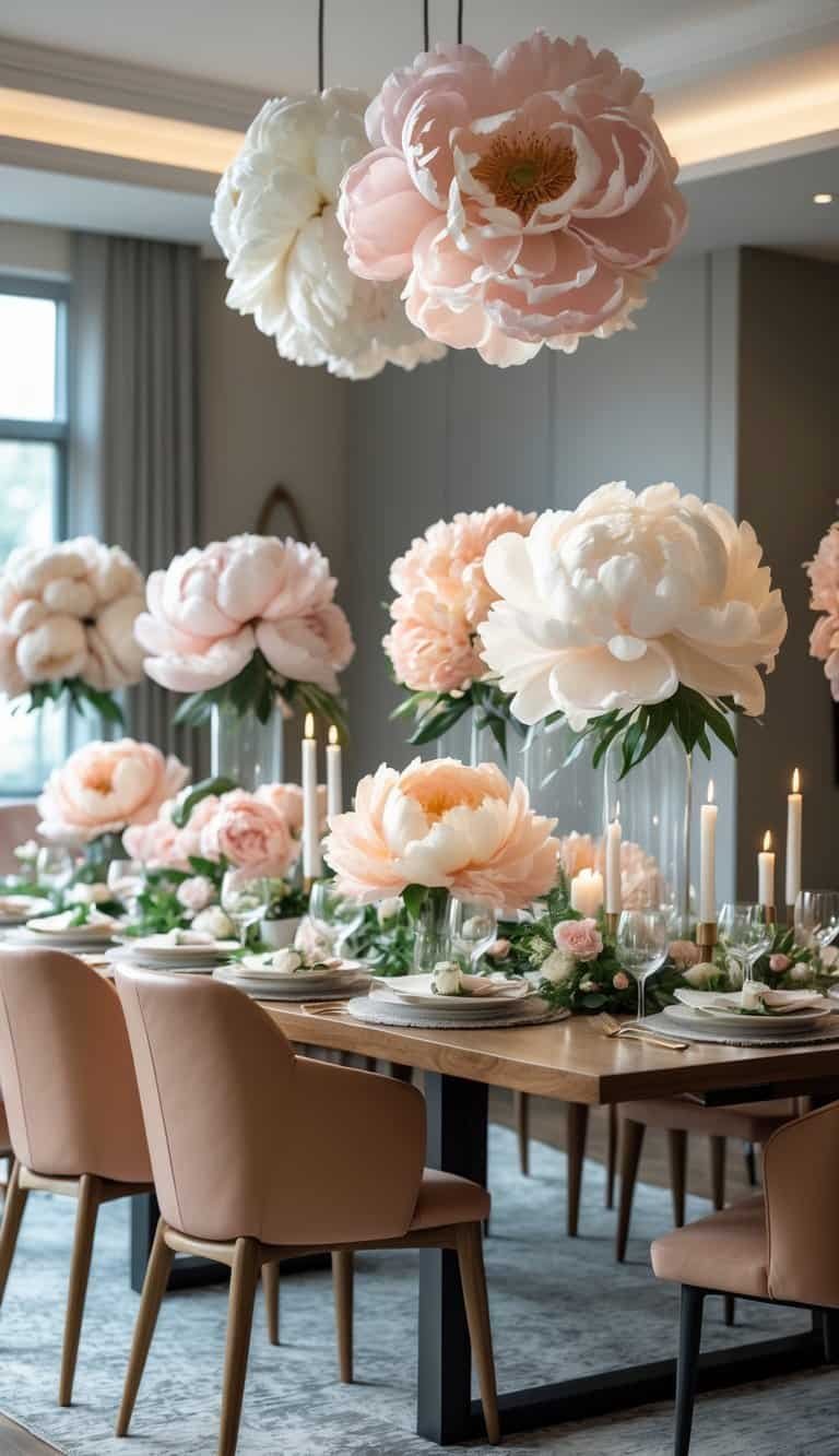 Dining Room Table Centerpiece Ideas - A dining room table with twelve different oversized faux peony floral centerpieces arranged for various occasions.