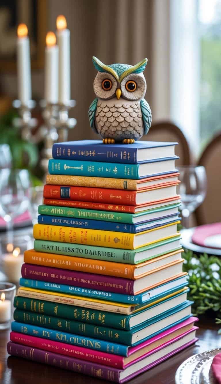 Dining Room Table Centerpiece Ideas - A stack of colorful books topped with a small owl figurine placed on a dining room table as a centerpiece.